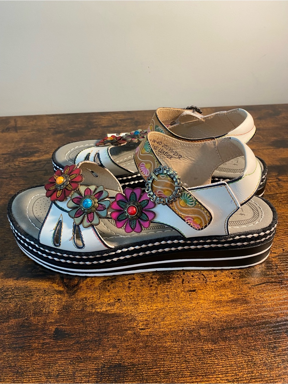 Spring Step L'ARTISTE Beige Leather Sandals with Multicolor Floral Accents
